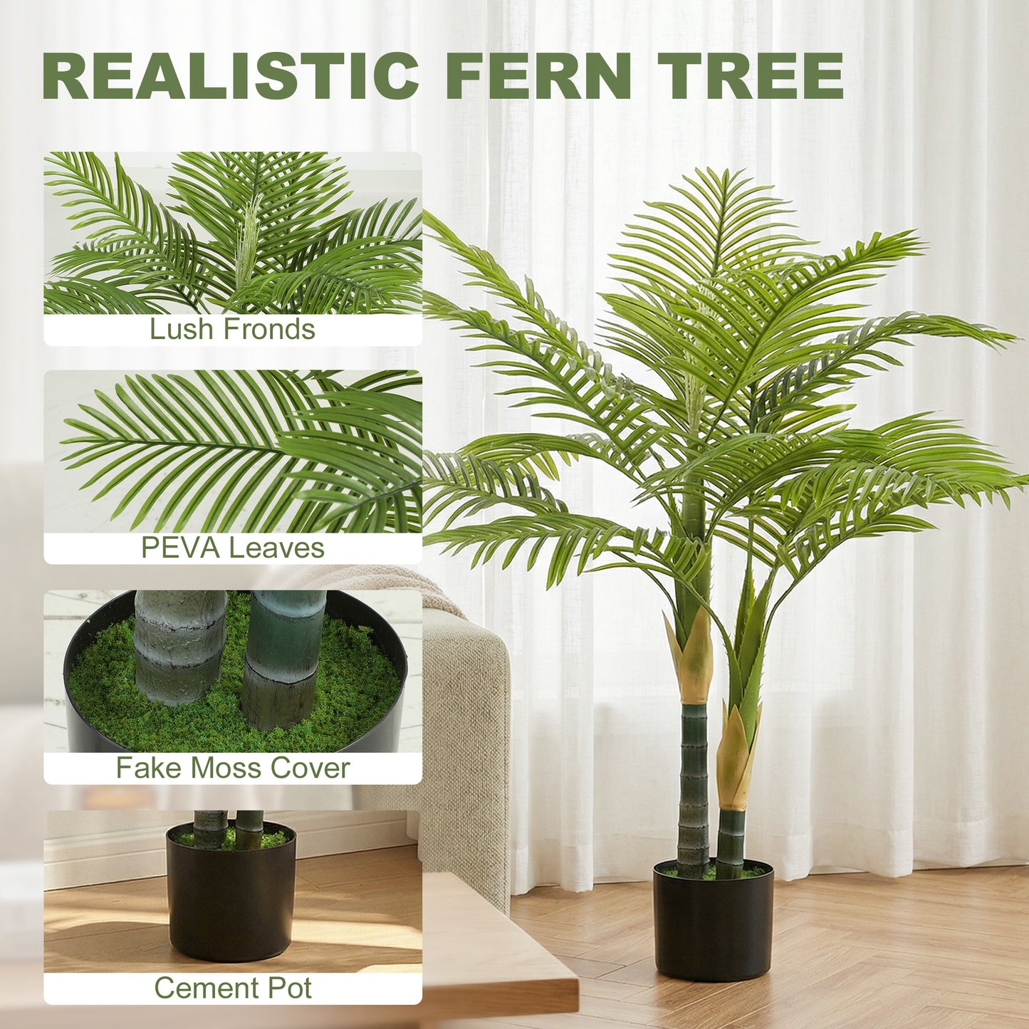 Artificial Palm Tree with 14 PEVA Leaves, 120cm Decorative Artificial Plant with Pot and Moss Effect, Green