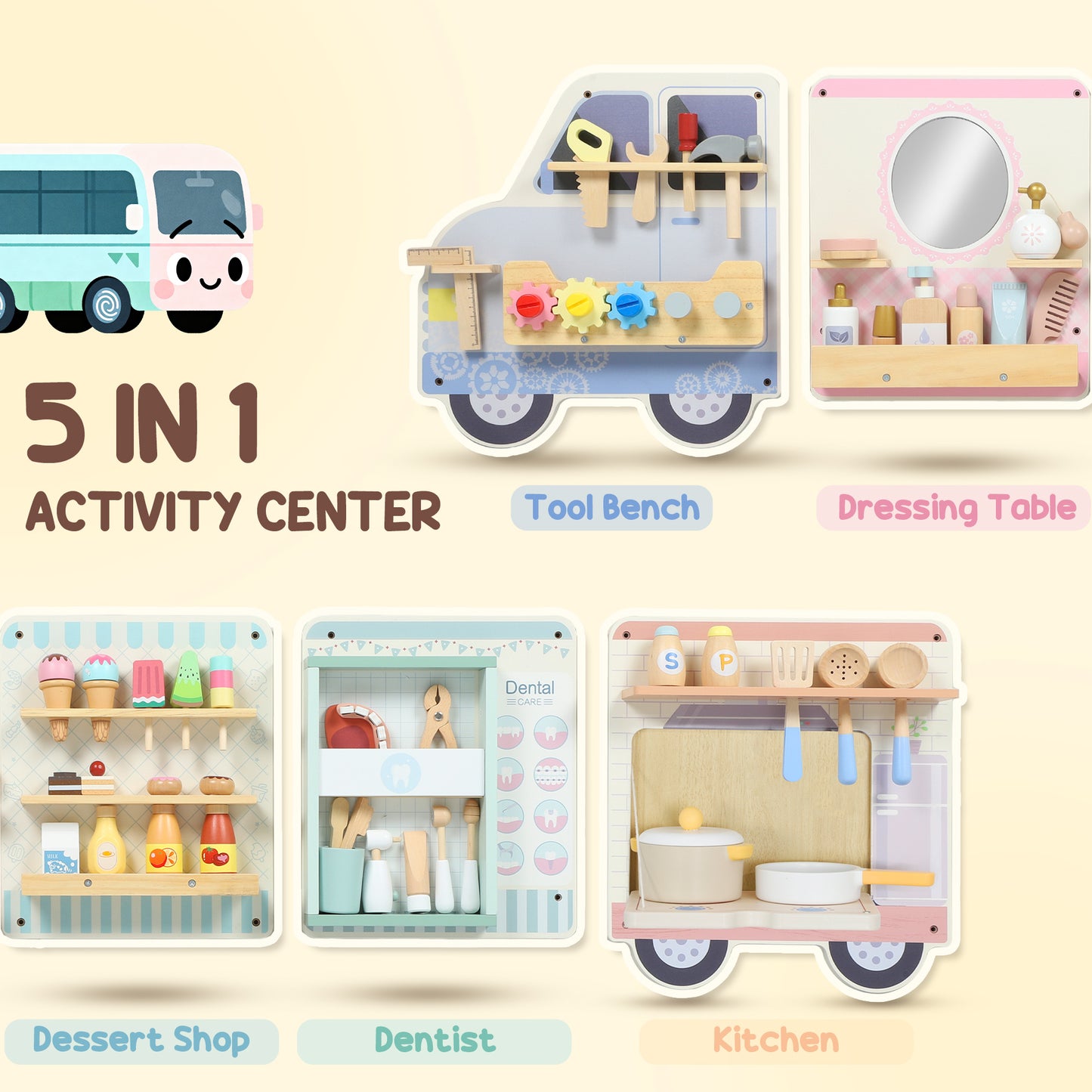 Wooden Busy Board, 5 in 1 Activity Wall Panels for Kids 3+ Years, for Daycare, Playroom, Home