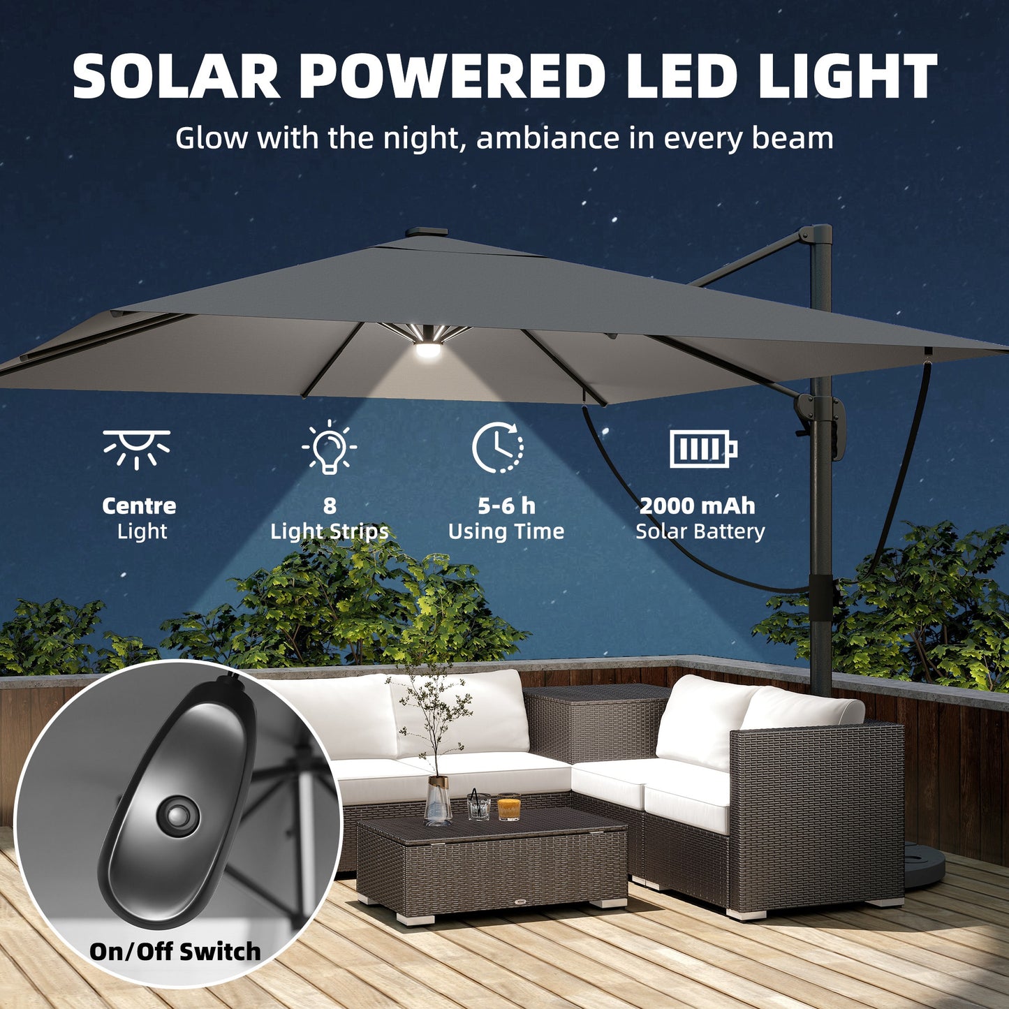 3 x 3 m Garden Cantilever Parasol with Light, Cover, Overhanging Umbrella w/ Wind Protection, 360° Rotation, Light Grey
