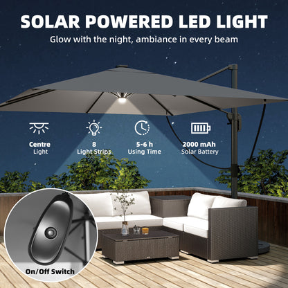 3 x 3 m Garden Cantilever Parasol with Light, Cover, Overhanging Umbrella w/ Wind Protection, 360° Rotation, Light Grey