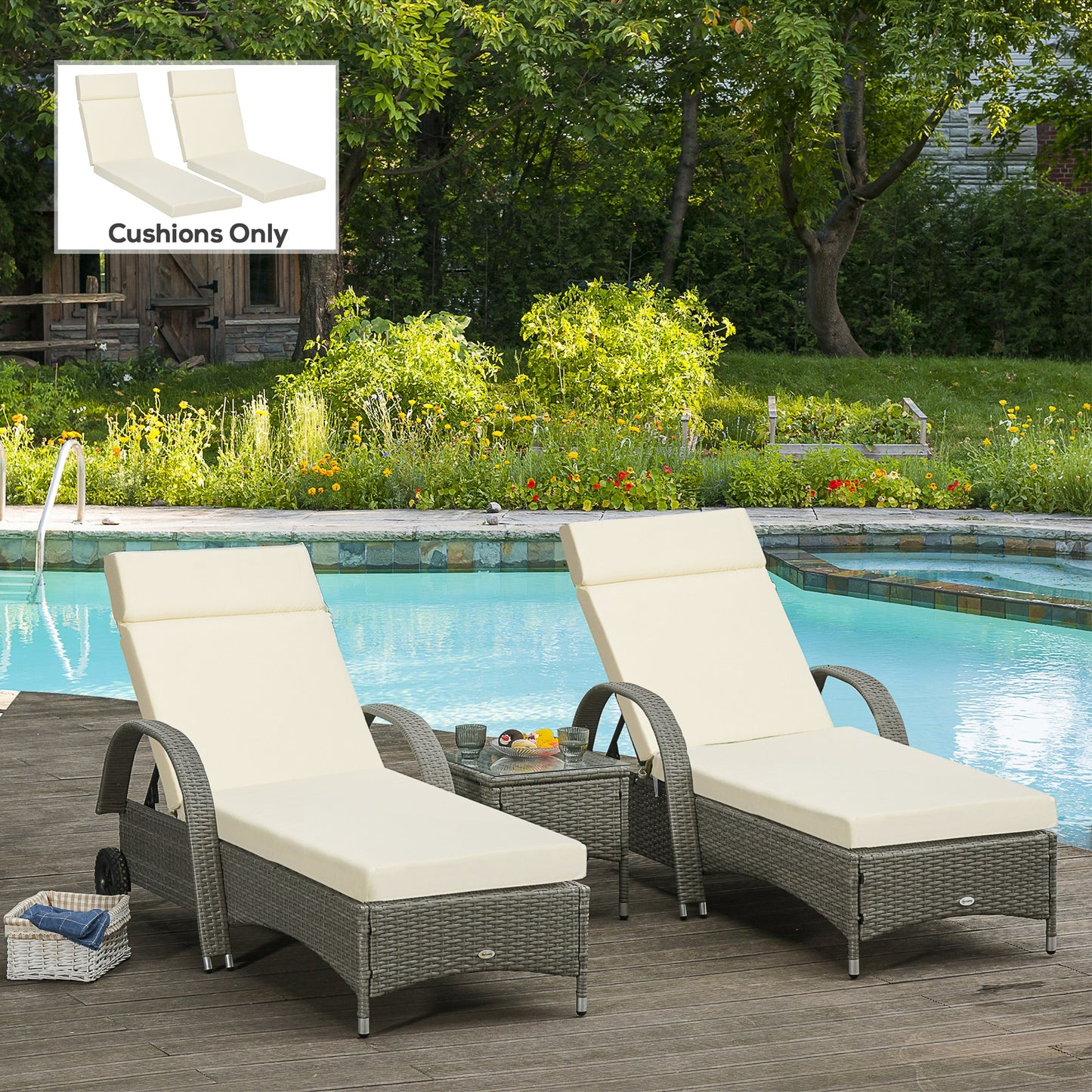 Set of 2 Sun Lounger Cushions, Replacement Cushions for Rattan Furniture with Ties, 196 x 55 cm, Cushion ONLY, Cream White