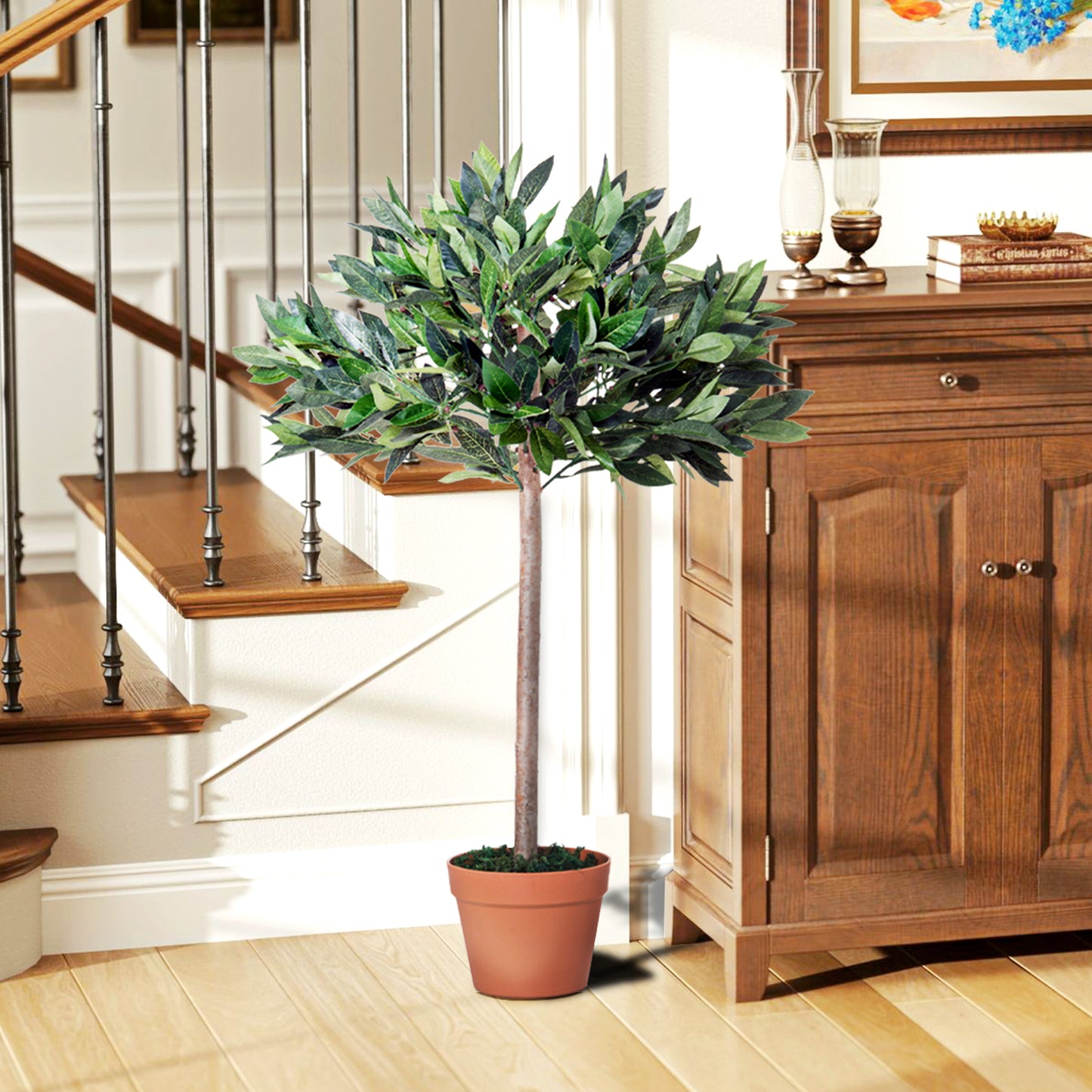 Artificial Bay Tree In Pot, 3ft Tall Indoor Outdoor Garden Topiary Ball with Solid Wood Trunk