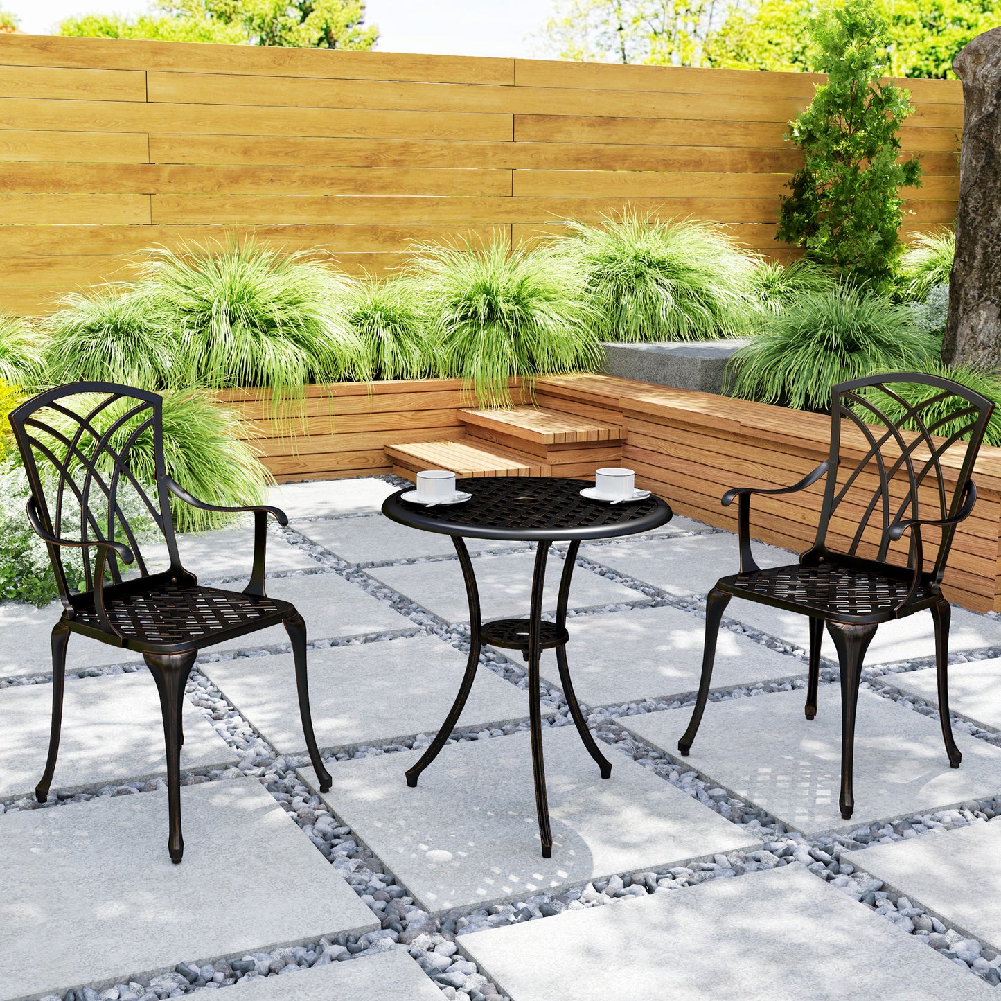 3 Pieces Garden Dining Set for 2, Cast Aluminium Outdoor Dining Set with 2 Armchairs and Round Dining Table with Parasol Hole