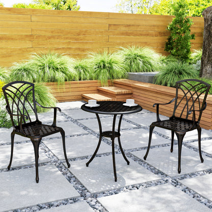 3 Pieces Garden Dining Set for 2, Cast Aluminium Outdoor Dining Set with 2 Armchairs and Round Dining Table with Parasol Hole