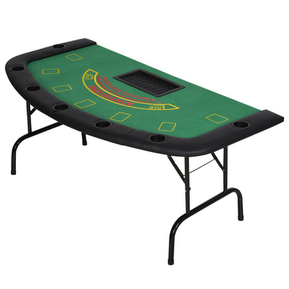 Poker Table, 7-Player Folding Blackjack Table with Chip Tray, Cup Holders, Padded Rails, 182 x 91 x 75 cm, Green