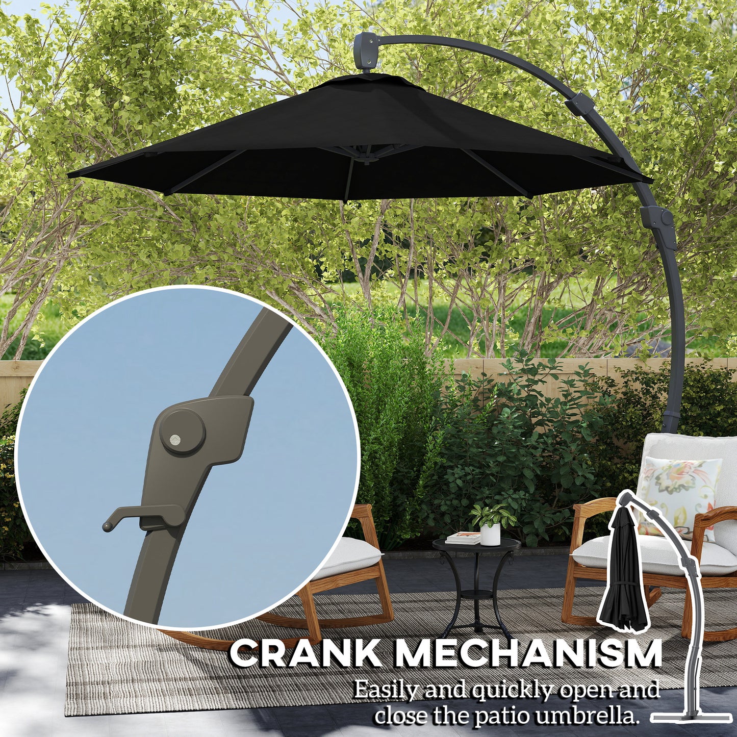 3(m) Garden Cantilever Parasol, Round Overhanging Umbrella with Crank Handle, Cross Base, Aluminium Frame and 360° Rotation