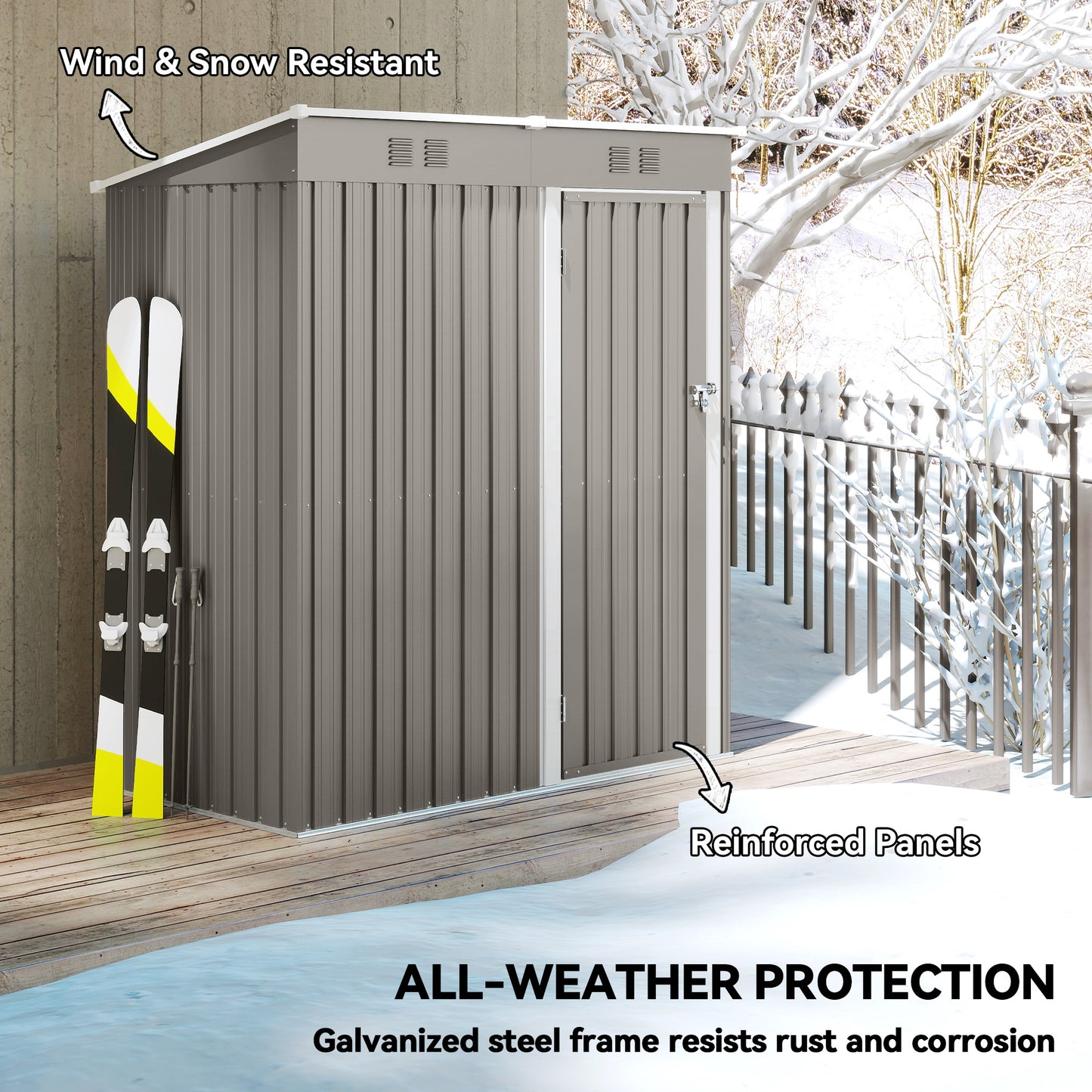 5 x 3 ft Lean-to Garden Shed, Outdoor Storage Shed with Lockable Door and Vents, Light Grey