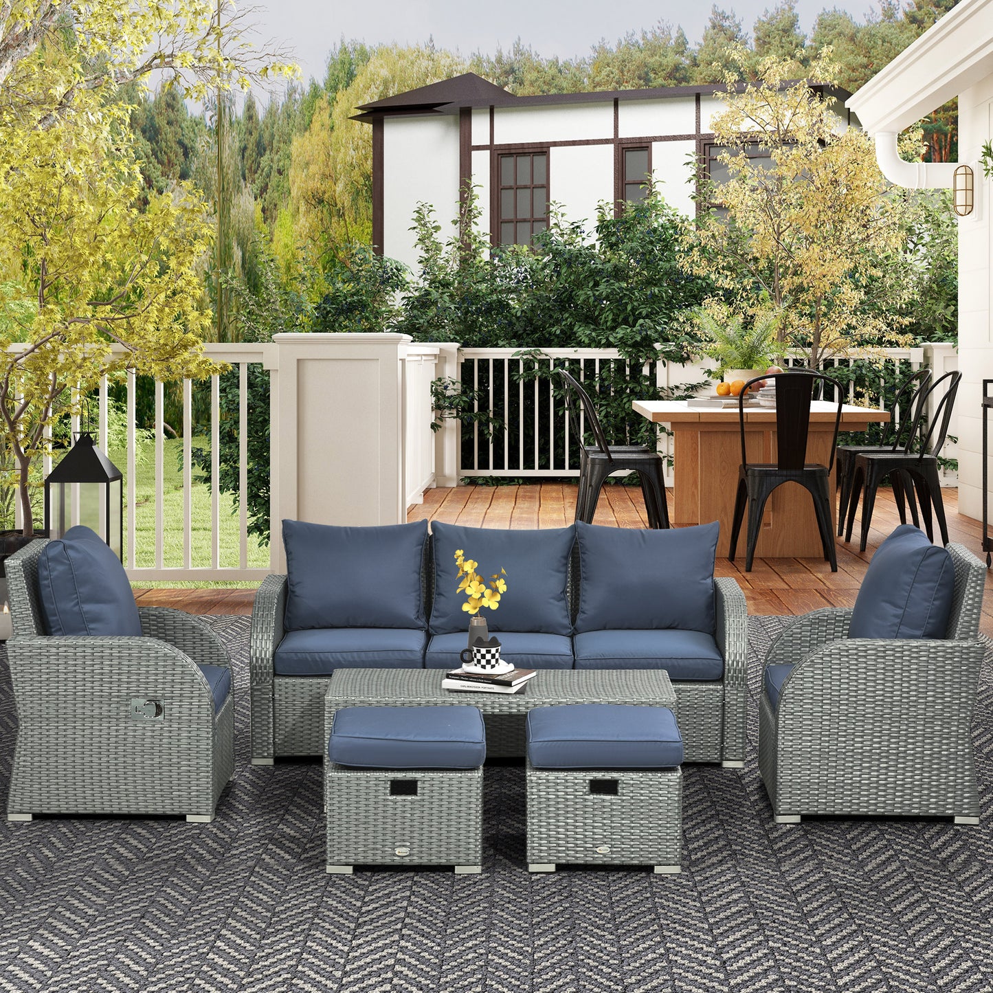 Six-piece Outdoor Rattan Dining Set, Outdoor Sofa Set with Reclining Armchairs and Mental Frame, Blue