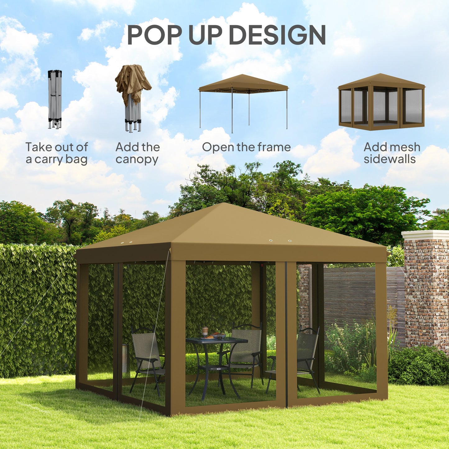 3 x 3 m Pop Up Gazebo, 420D Garden Tent Canopy with Removable Mesh Sidewall Netting, Carry Bag for Garden Patio Outdoor