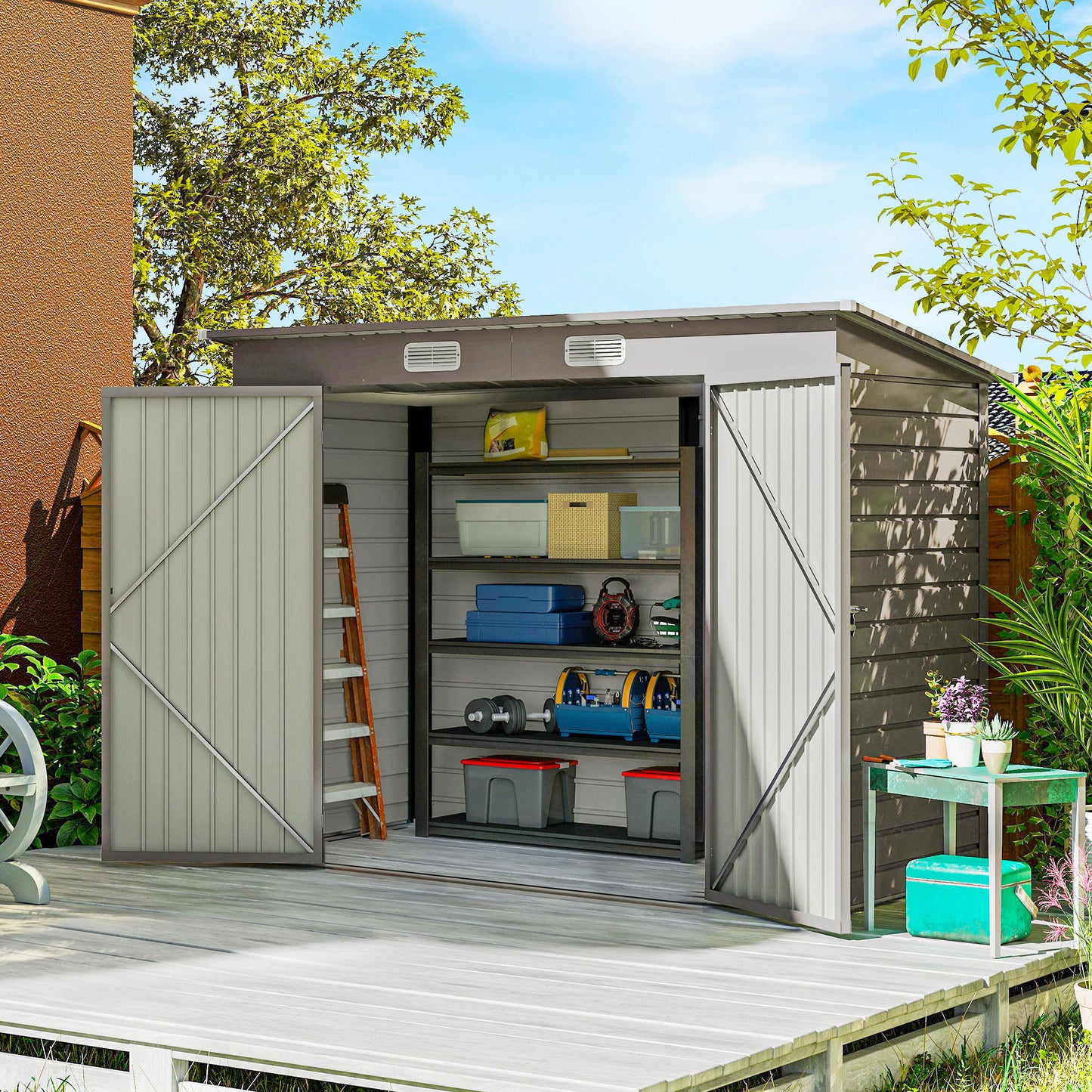 3.7 x 7.9ft Galvanised Steel Shed, with Latched Door and Padlock - Light Grey