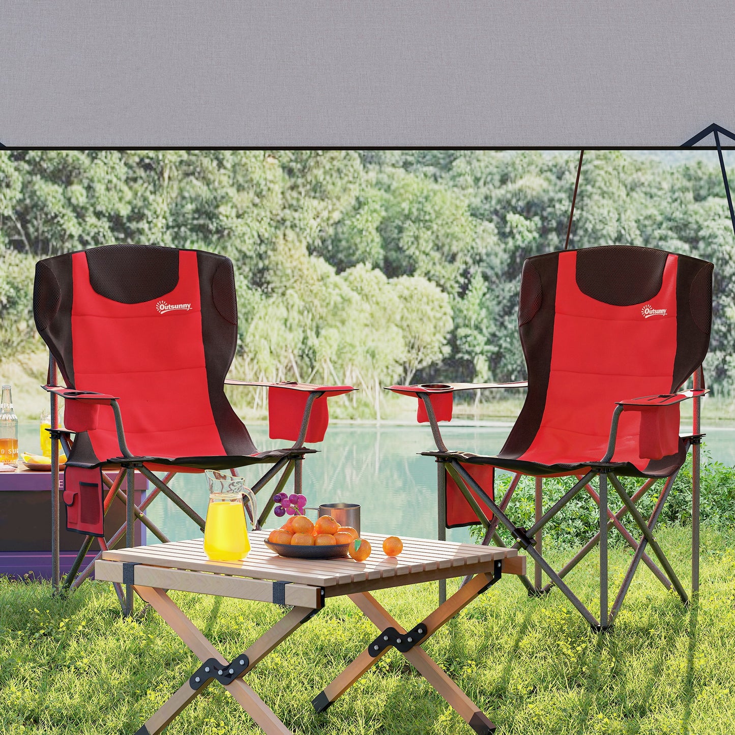 Set of 2 Folding Camping Chairs, Padded Camping Chairs with Adjustable Armrests
