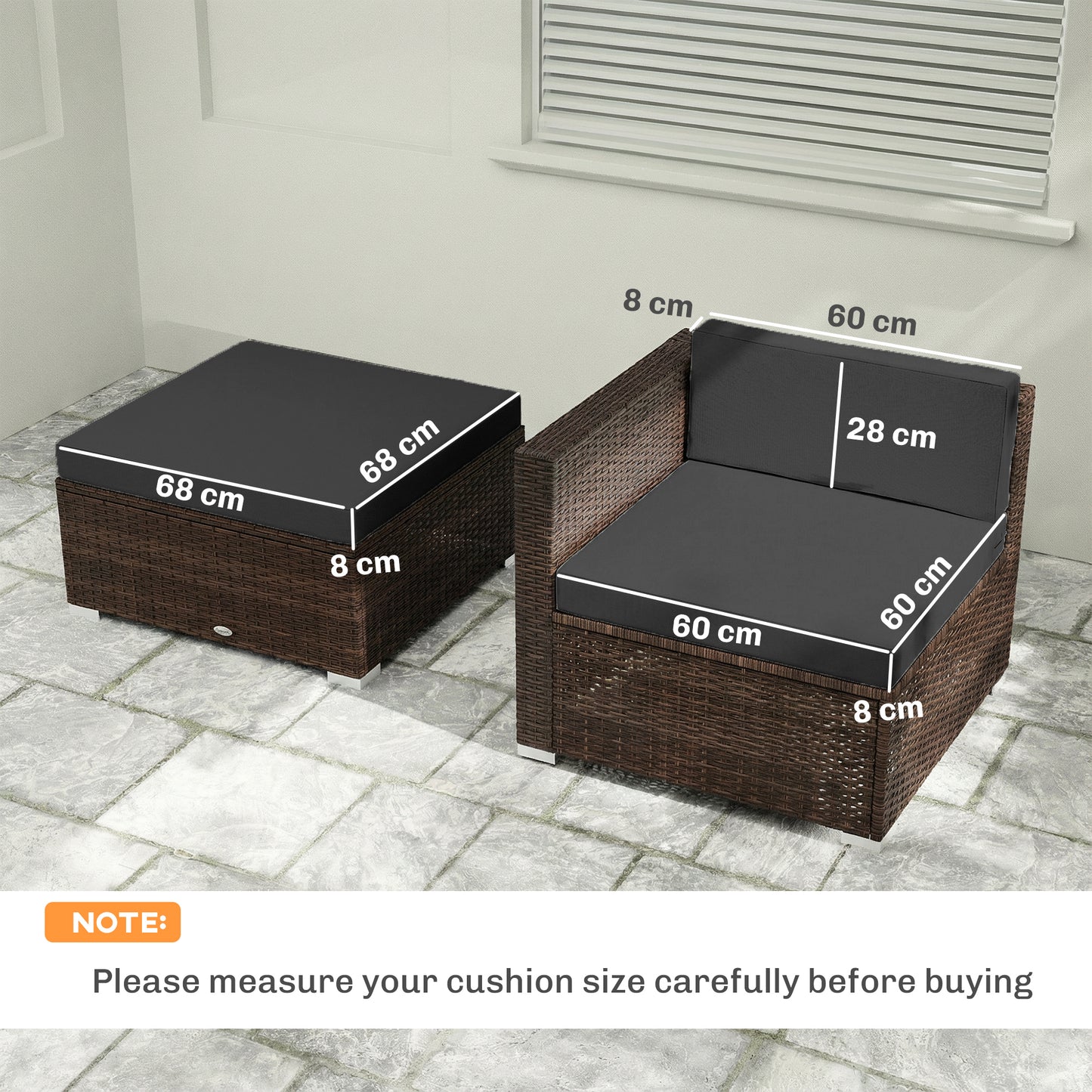 7-Piece Patio Furniture Cushions, Outdoor Loveseat Cushion with Removable Covers for Rattan Furniture, 60x60 cm, Black