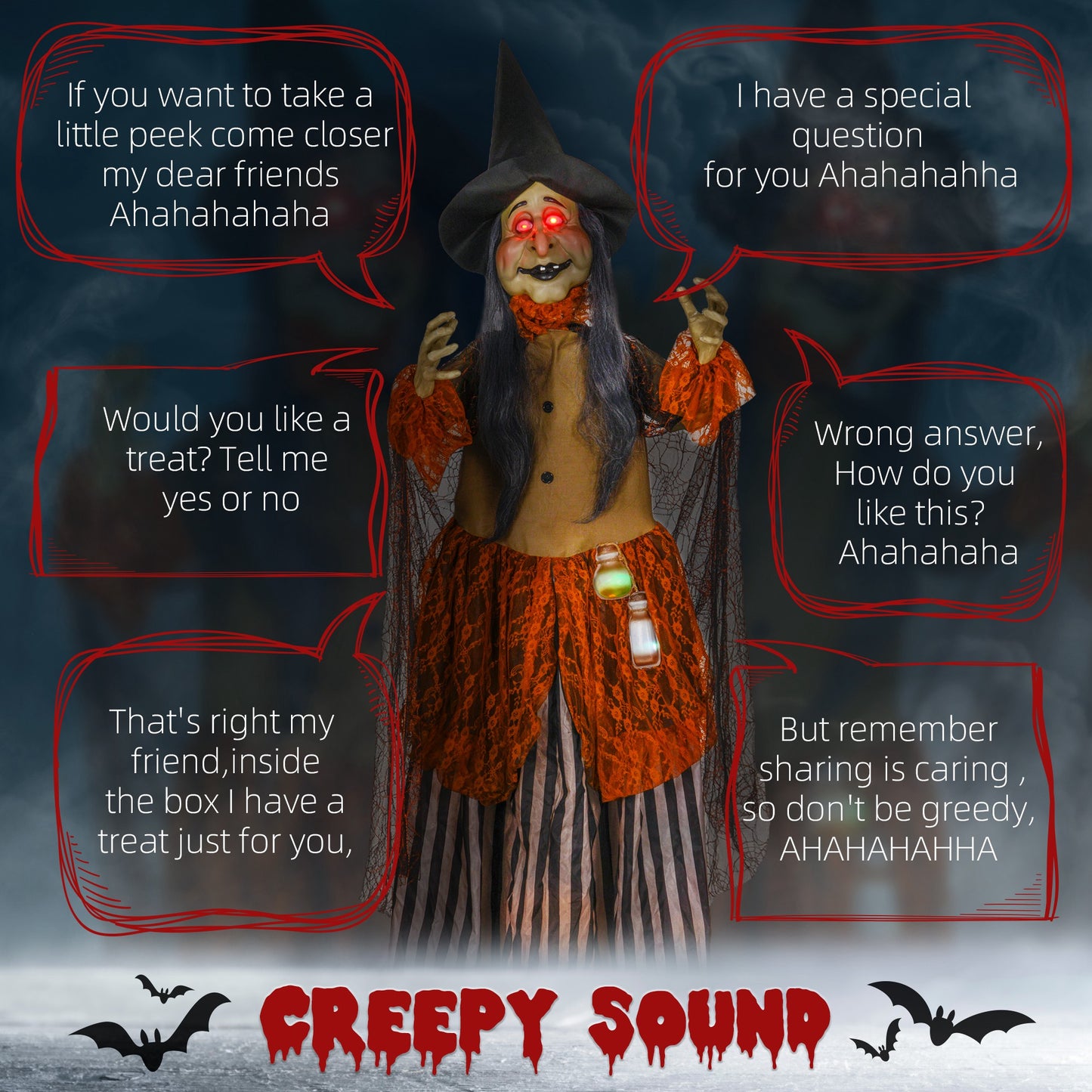 183 cm Life Size Halloween Animated Standing Fat-Faced Witch with Red Light Up Eyes, Sound Activated Moving Arms & Head