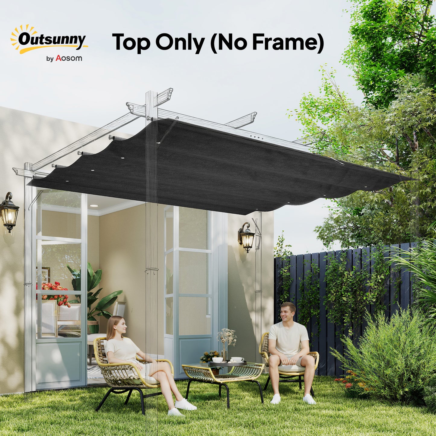 Pergola Cover Roof, 2.86 x 2.45 m Retractable Sun Shade Top for 3 x 2m Pergola Frame, UV30+ Protected, Dark Grey