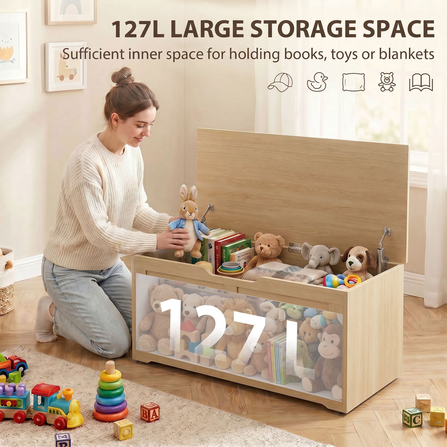 127L Home Storage Box, with Safety Hinges - Nature Wood Finish