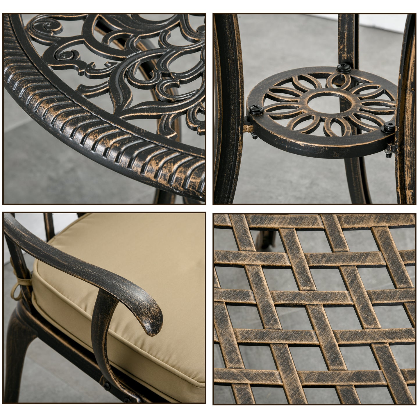 3pc Cast Aluminium Garden Bistro Set for 2 with Parasol Hole, Outdoor Coffee Table Set Rust Resistant with Cushions, Bronze