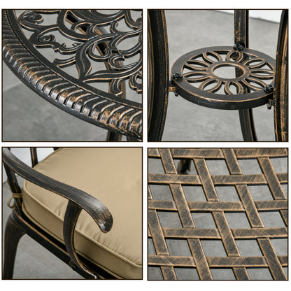 3pc Cast Aluminium Garden Bistro Set for 2 with Parasol Hole, Outdoor Coffee Table Set Rust Resistant with Cushions, Bronze