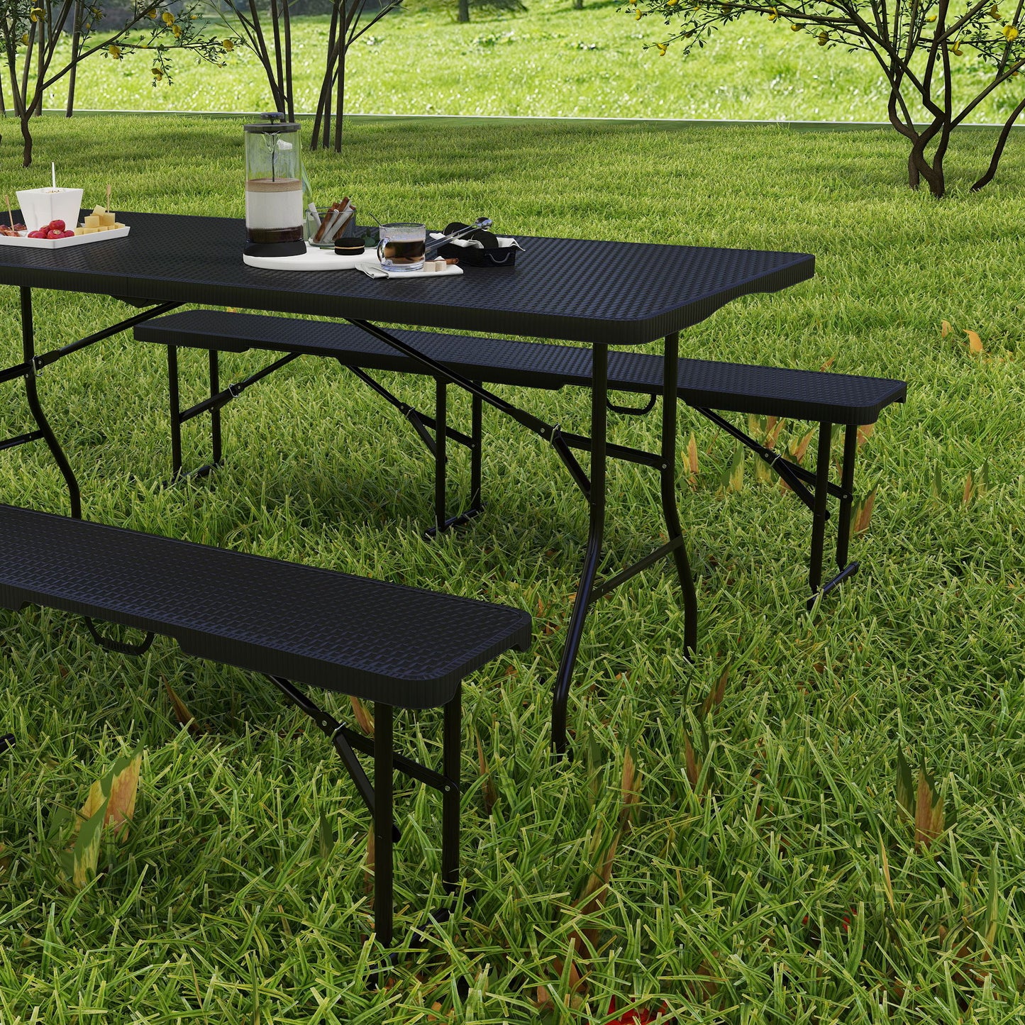 Folding Picnic Table and Bench Set, Rattan Effect Portable Camping Table and Chairs with Carrying Handles for Indoor Outdoor