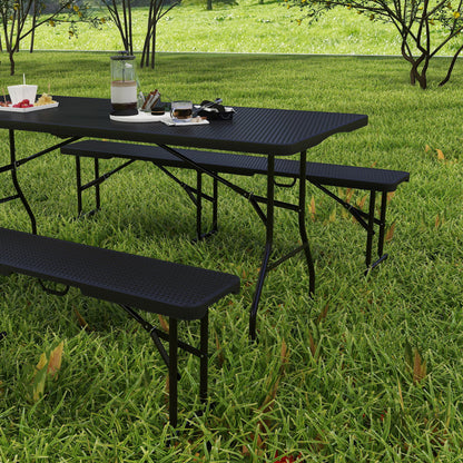 Folding Picnic Table and Bench Set, Rattan Effect Portable Camping Table and Chairs with Carrying Handles for Indoor Outdoor