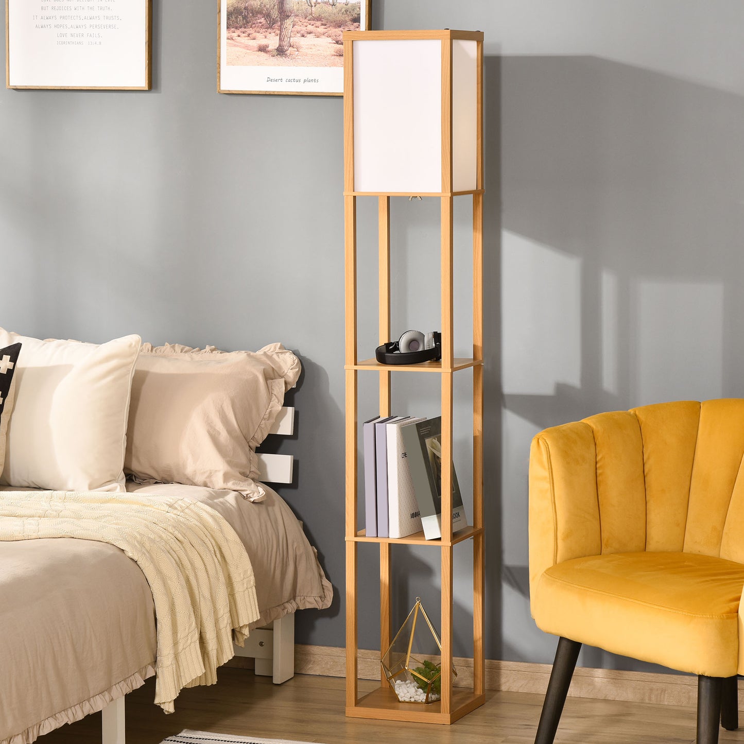 3-Tier Floor Lamp with Shelves and Storage, Modern Corner Standing Lamp with Lampshade, Foot Switch for Living Room, Bedroom