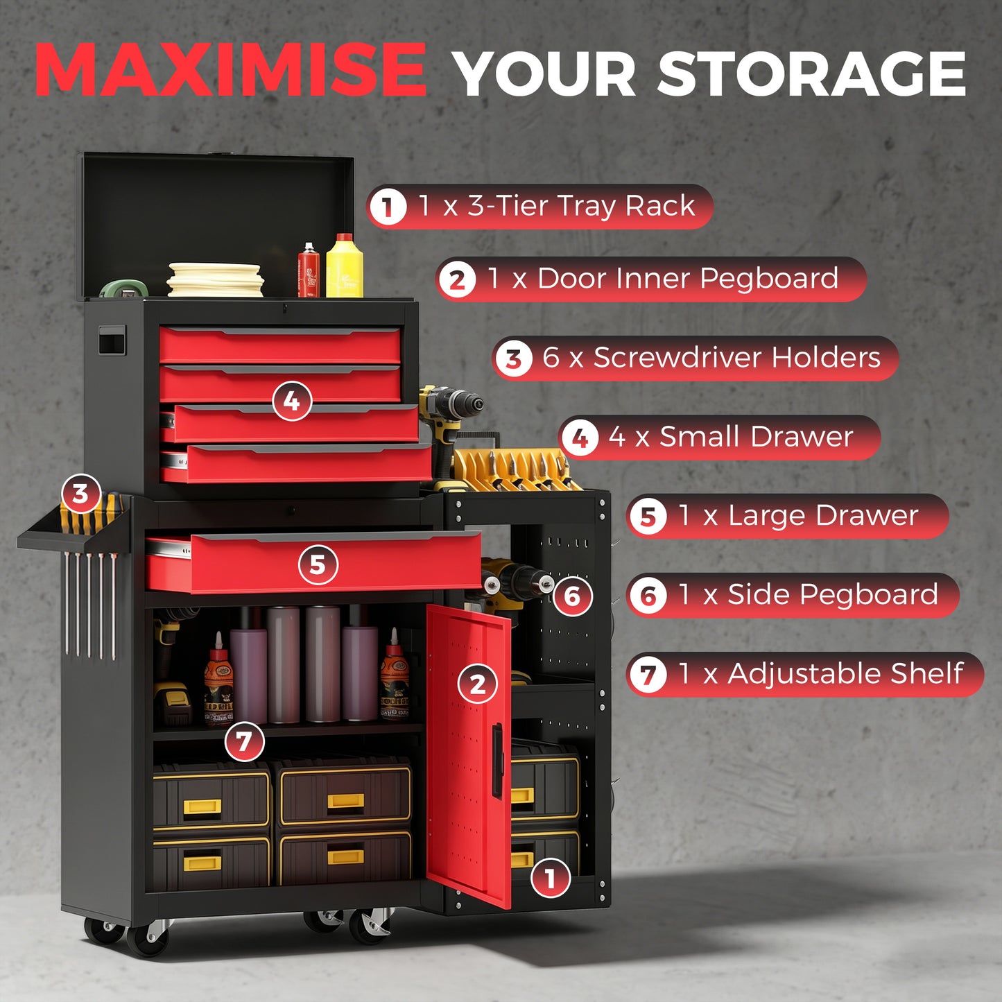 Tool Chest, Mobile Modular Tool Box with 5 Drawers, Side Rack, Pegboard, Lock, Tool Cabinet for Garage Workshop, Red
