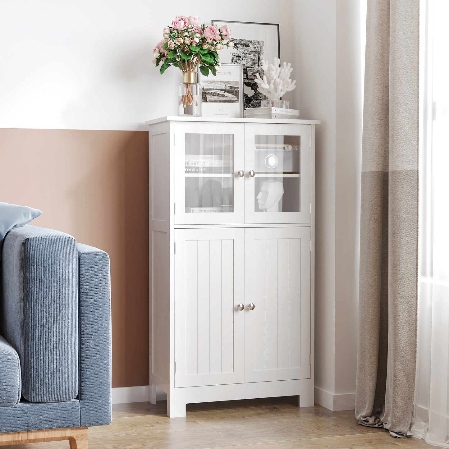 Bathroom Floor Cabinet, Freestanding Kitchen Cupboard with 2 Drawers, Adjustable Shelves and Tempered Glass Door