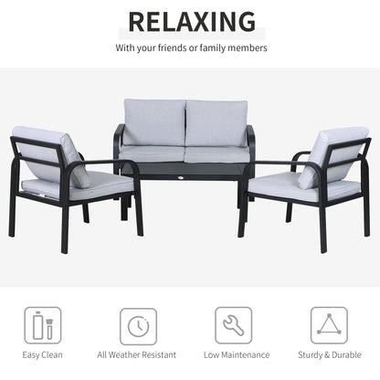 4pcs Garden Sofa Set 2 Single Armchair, 1 Bench & 1 Coffee Table Set Aluminum Frame Patio Furniture with Cushions, Black