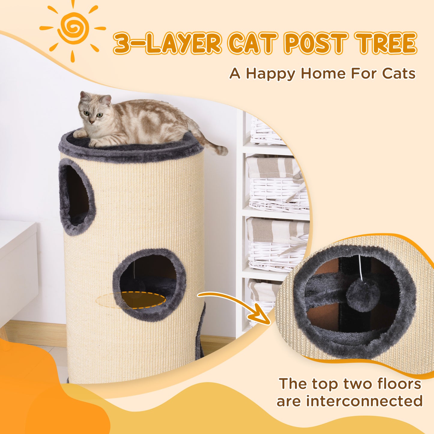 70cm Height Cat Post Tree Scratching Barrel Sisal Activity Center Condo Kitten Bed Scratcher Climbing Climber Play House for
