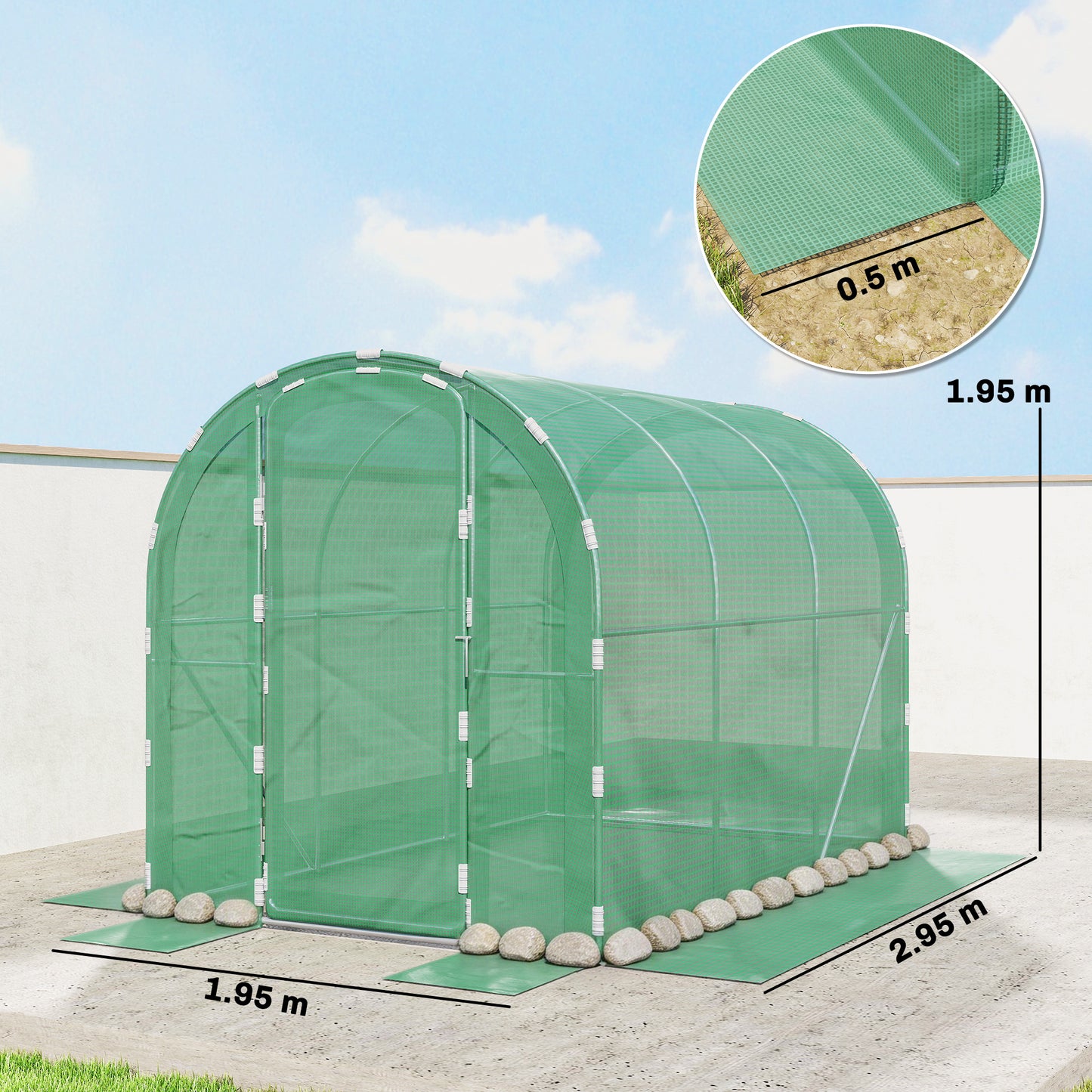 3 x 2 x 2m Polytunnel Greenhouse with Hinged Door, Walk-in Grow House Tent with PE Cover and Galvanised Steel Frame, Green