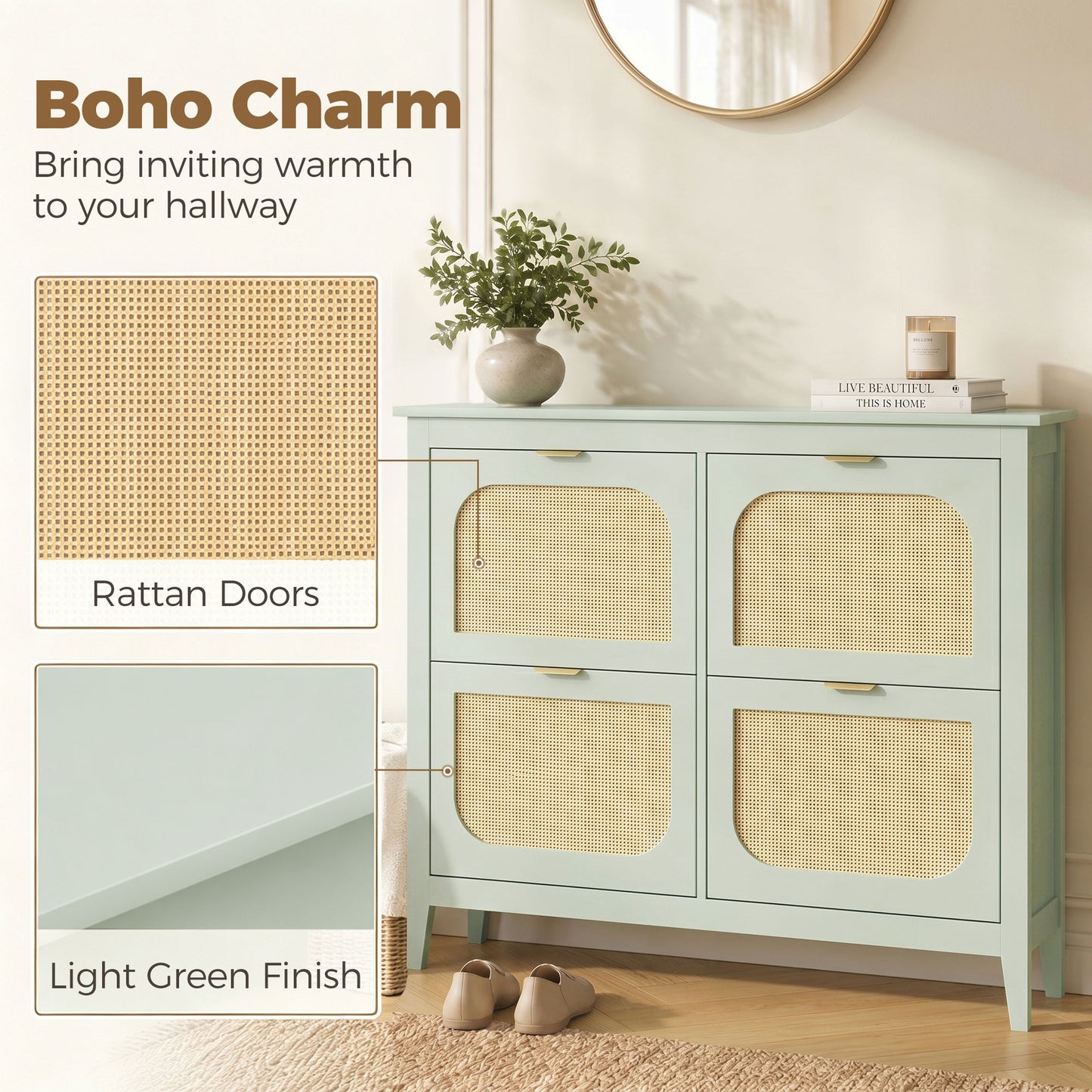 Narrow Shoe Cabinet, Boho Slim Shoe Storage Cabinet with 4 Flip Drawers, Holds 20 Pairs, Light Green