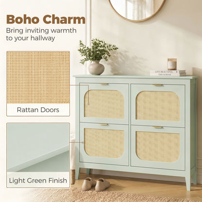Narrow Shoe Cabinet, Boho Slim Shoe Storage Cabinet with 4 Flip Drawers, Holds 20 Pairs, Light Green