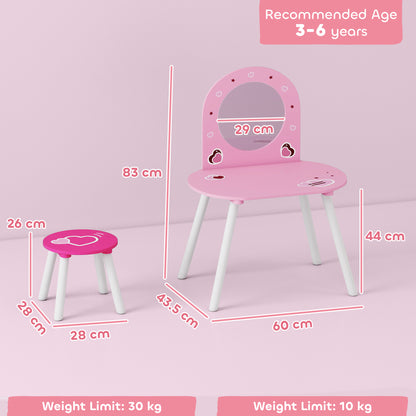 Kids Dressing Table with Mirror and Stool, Girls Vanity Set for Kids Room, Bedroom, Nursery, for Ages 3–6 Years, Pink