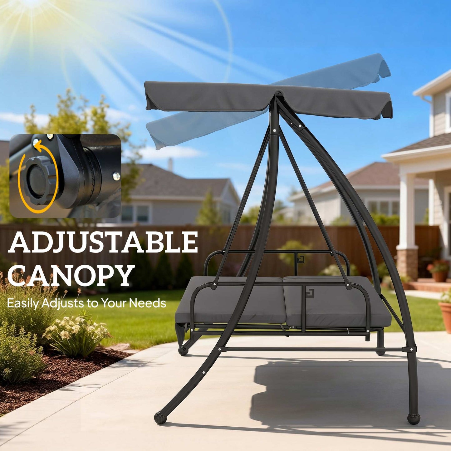 Outdoor 2-in-1 Swing Chair Lounger 3 Seater Garden Swing Seat Bed Convertible Tilt Canopy W/ Cushion, Dark Grey