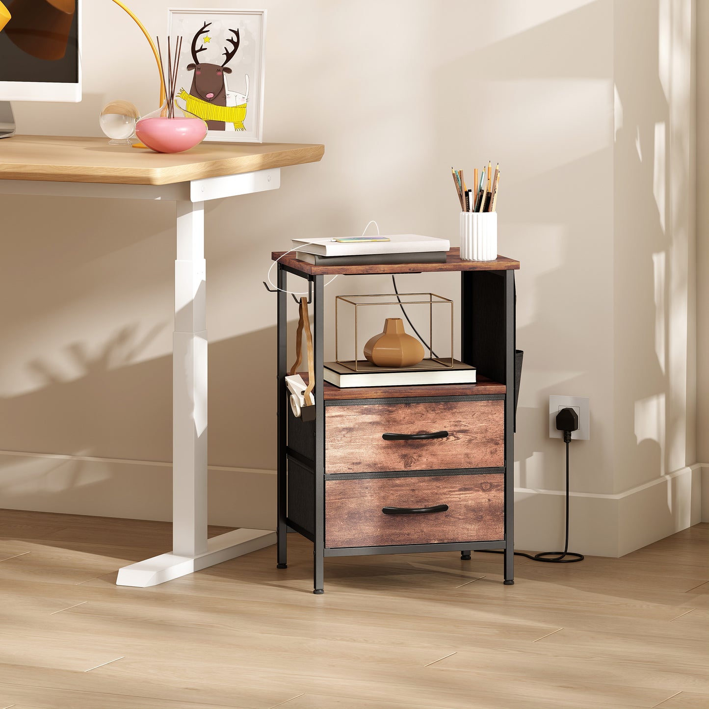 Bedside Table with Charging Station - Rustic Brown