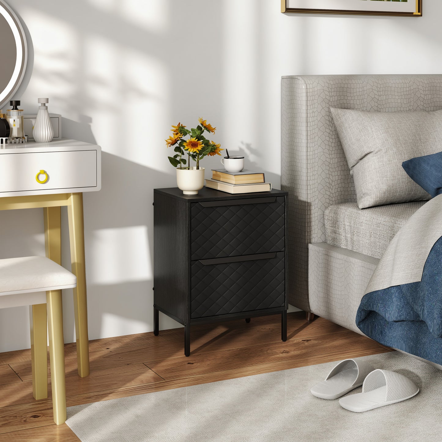 Chest of Drawers, Dresser with 2 Fabric Drawers and Aluminium Handles - Black