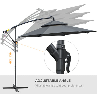 3(m) Cantilever Banana Parasol Hanging Umbrella with LED Solar lights, Crank, 8 Sturdy Ribs and Cross Base for Outdoor