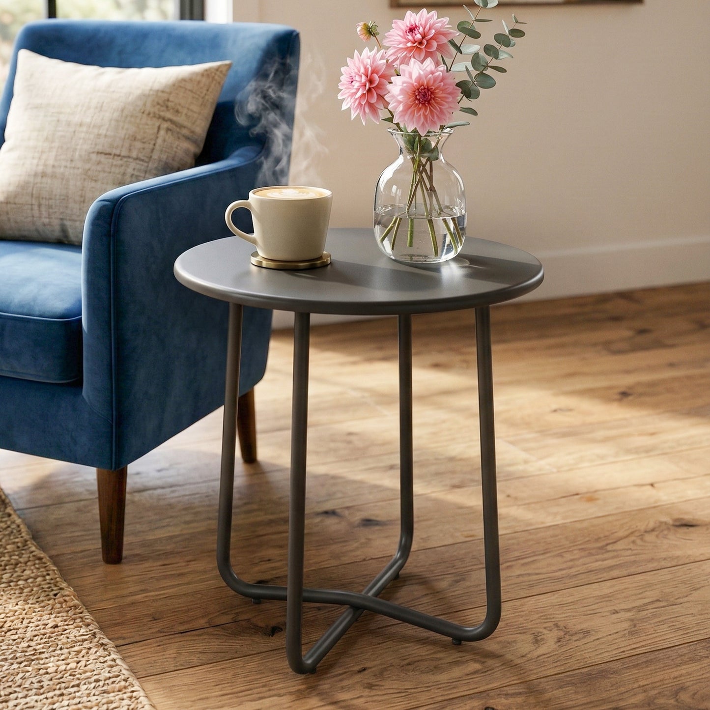 48 cm Round Garden Side Table, Small Metal Outdoor Garden Table with Rolled Edge, Dark Grey