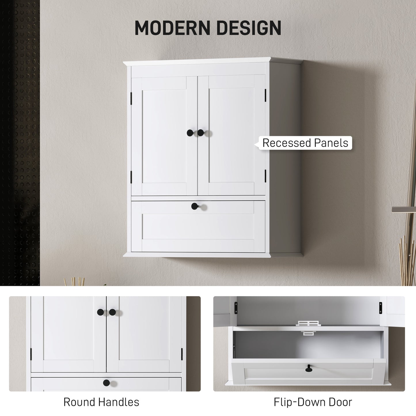 Bathroom Wall Cabinet with Adjustable Shelf and Recessed Doors, White