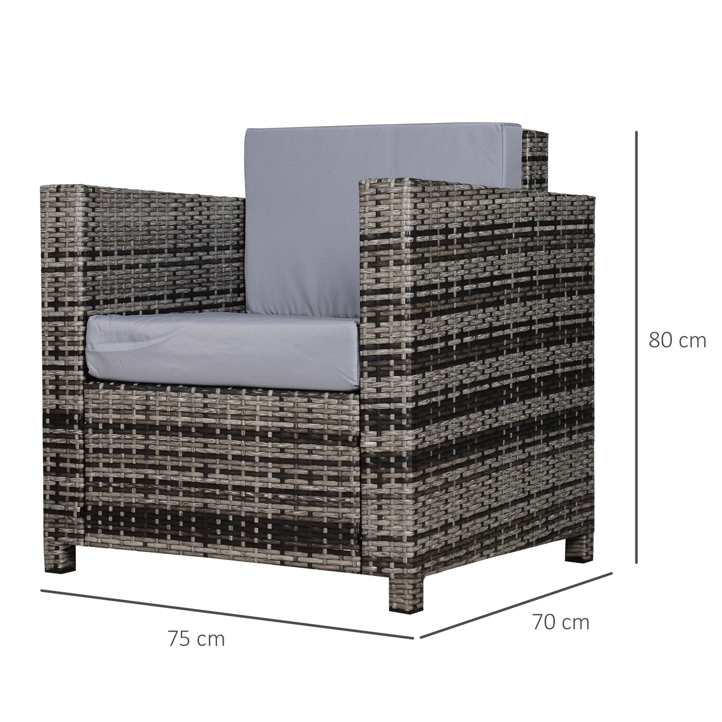 Rattan Garden Armchair 10cm Cushion Outdoor Single Chair with Steel Frame, Grey