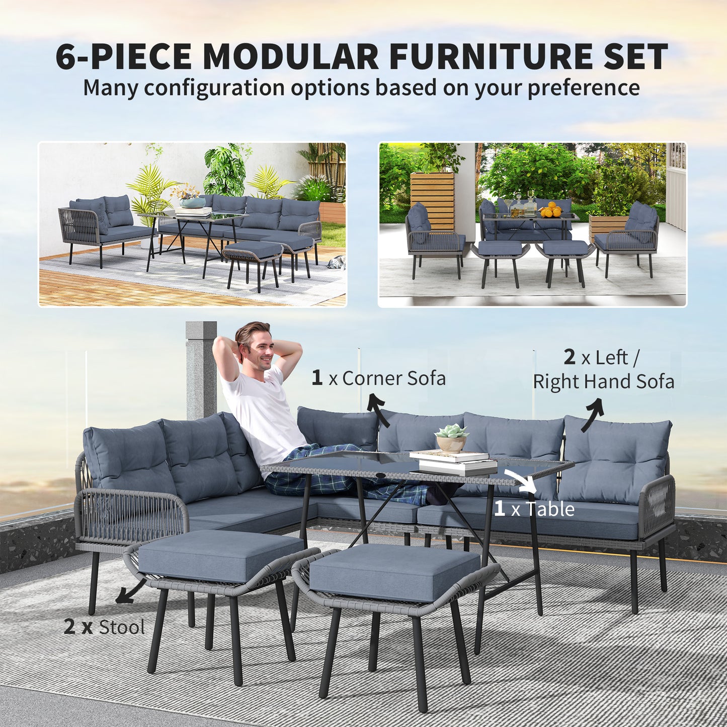 6 Piece Rattan Garden Furniture Set, 8 Seater Garden Corner Sofa with Cushions and Glass Top Table