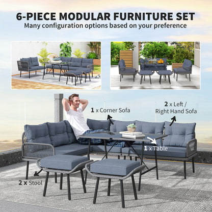 6 Piece Rattan Garden Furniture Set, 8 Seater Garden Corner Sofa with Cushions and Glass Top Table