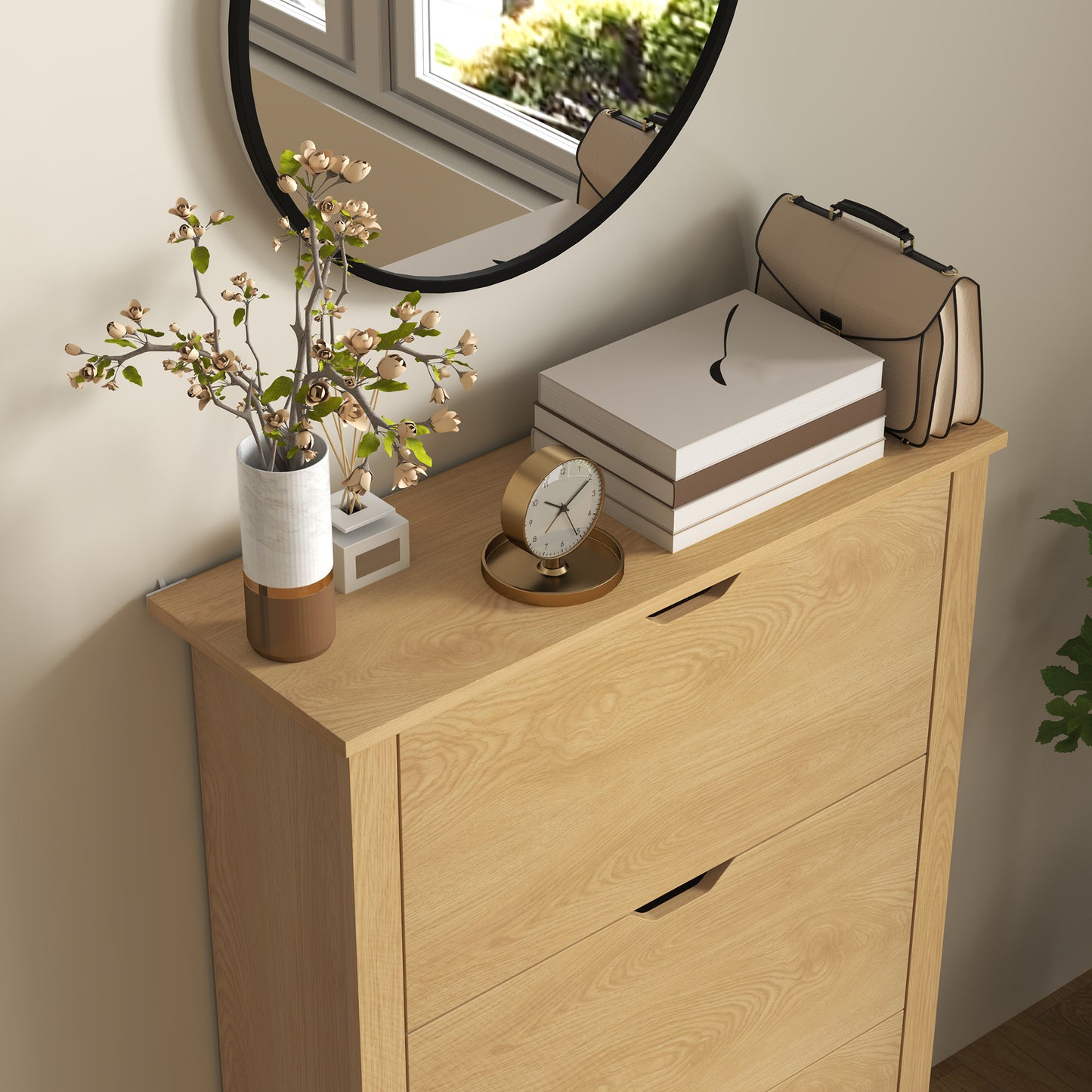 Slim Shoe Cabinet, Narrow Shoe Cupboard with 3 Drawers, Adjustable Shelves for 18 Pairs of Shoes, Natural Wood Finish
