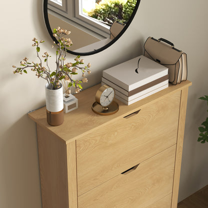 Slim Shoe Cabinet, Narrow Shoe Cupboard with 3 Drawers, Adjustable Shelves for 18 Pairs of Shoes, Natural Wood Finish