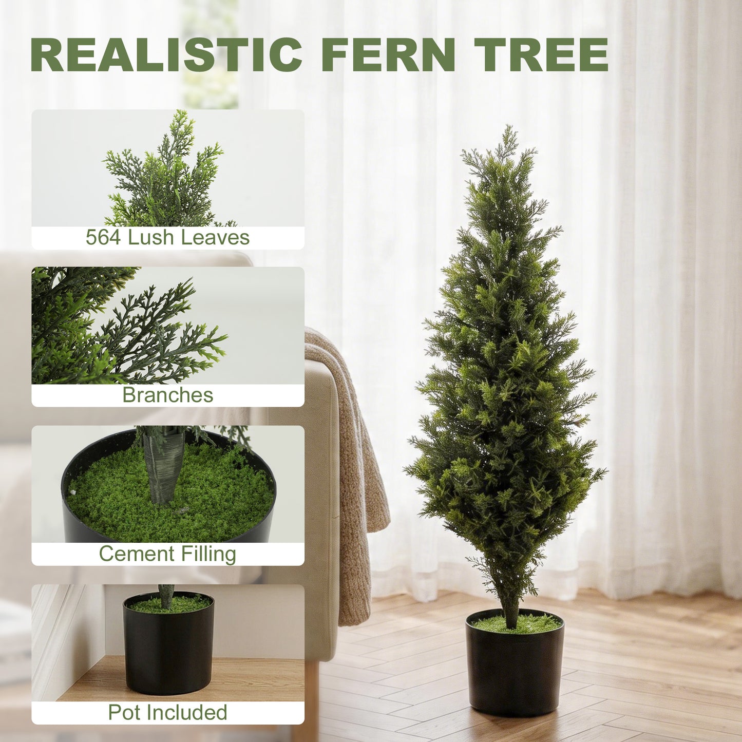Set of 2 Decorative Artificial Plants Cypress in Weighted Pot, Fake Plant with 564 Leaves, 90cm
