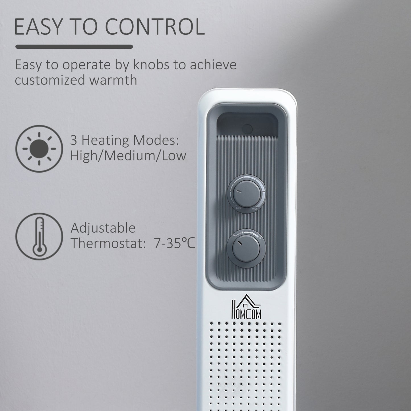 1500W Oil Filled Radiator, Portable Electric Heater with 3 Heat Settings, Safety Cut-Off and Wheels, White