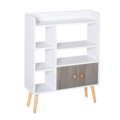 Bookcase, Freestanding Book Shelf with Storage Cabinet, 6 Shelves and Wood Legs for Home Office Display, White and Grey
