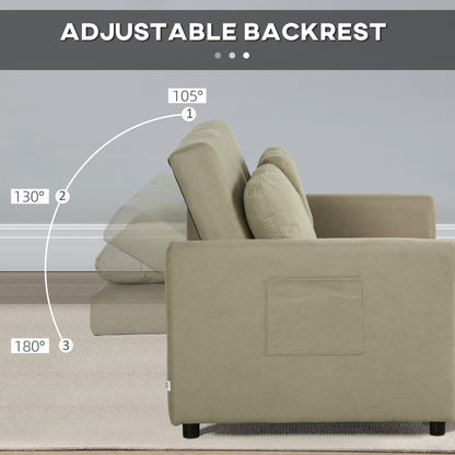 Loveseat Sofa Bed, Convertible Bed Settee with 2 Pillows, Side Pockets, Light Brown