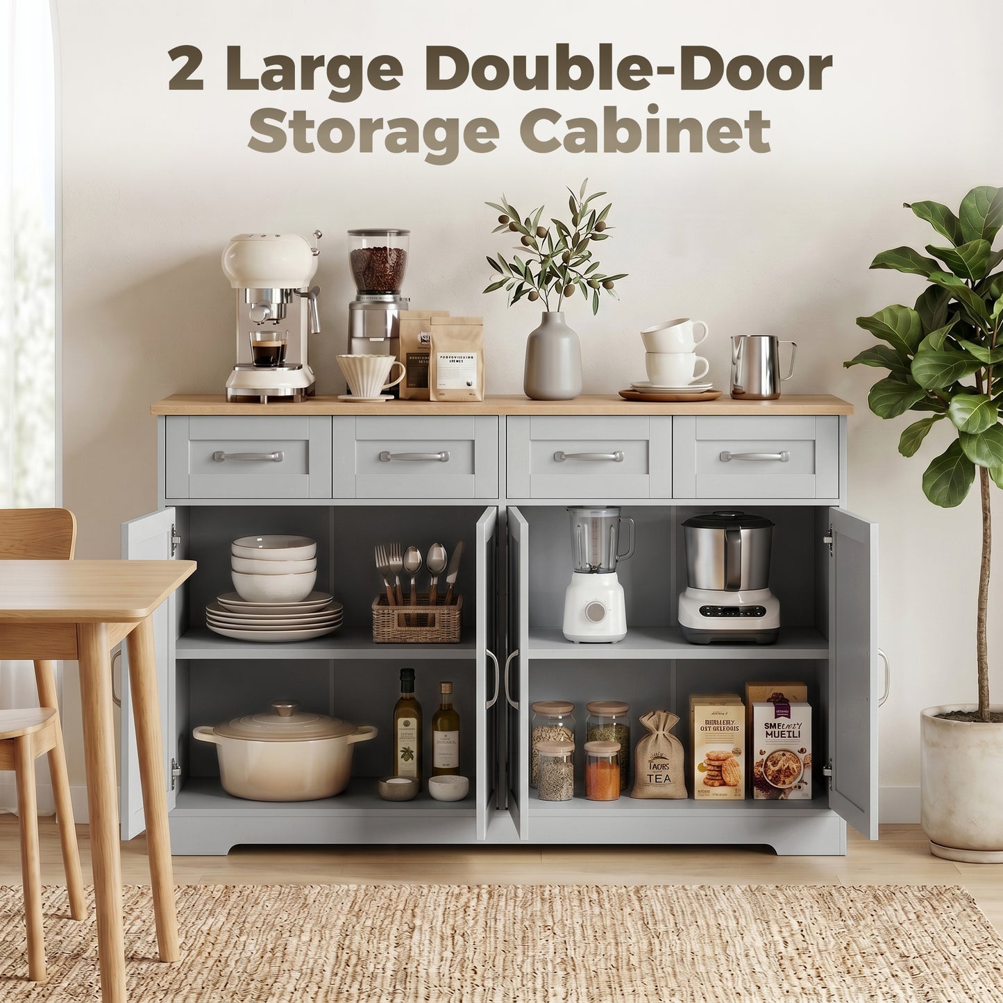 Sideboard Buffet Cabinet, 140 cm Kitchen Storage Cabinet with 4 Drawers, 4 Doors and 2 Adjustable Shelves, Grey
