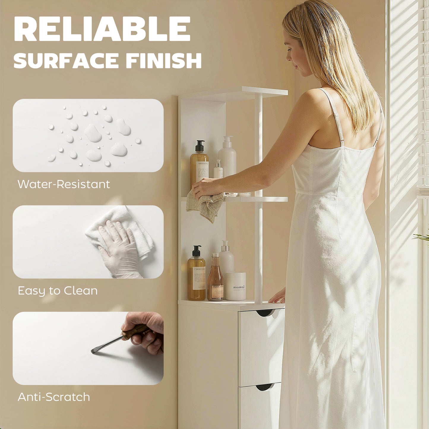 Slim Bathroom Storage Cabinet with Drawers, Tall Bathroom Cupboard with 2-Tier Shelf, White