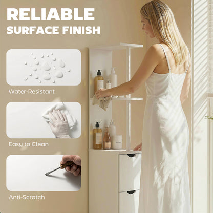 Slim Bathroom Storage Cabinet with Drawers, Tall Bathroom Cupboard with 2-Tier Shelf, White